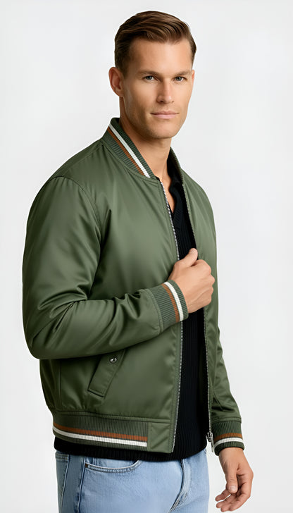 Men’s Lightweight Zip-Up Bomber Jacket – Classic Ribbed Trim Casual Coat
