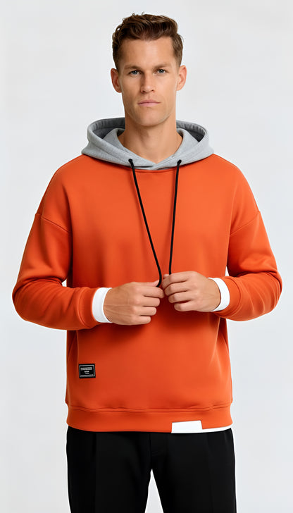 Men’s Contrast Hooded Jumper – Oversized Fit Long Sleeve Pullover for Modern Casual Style