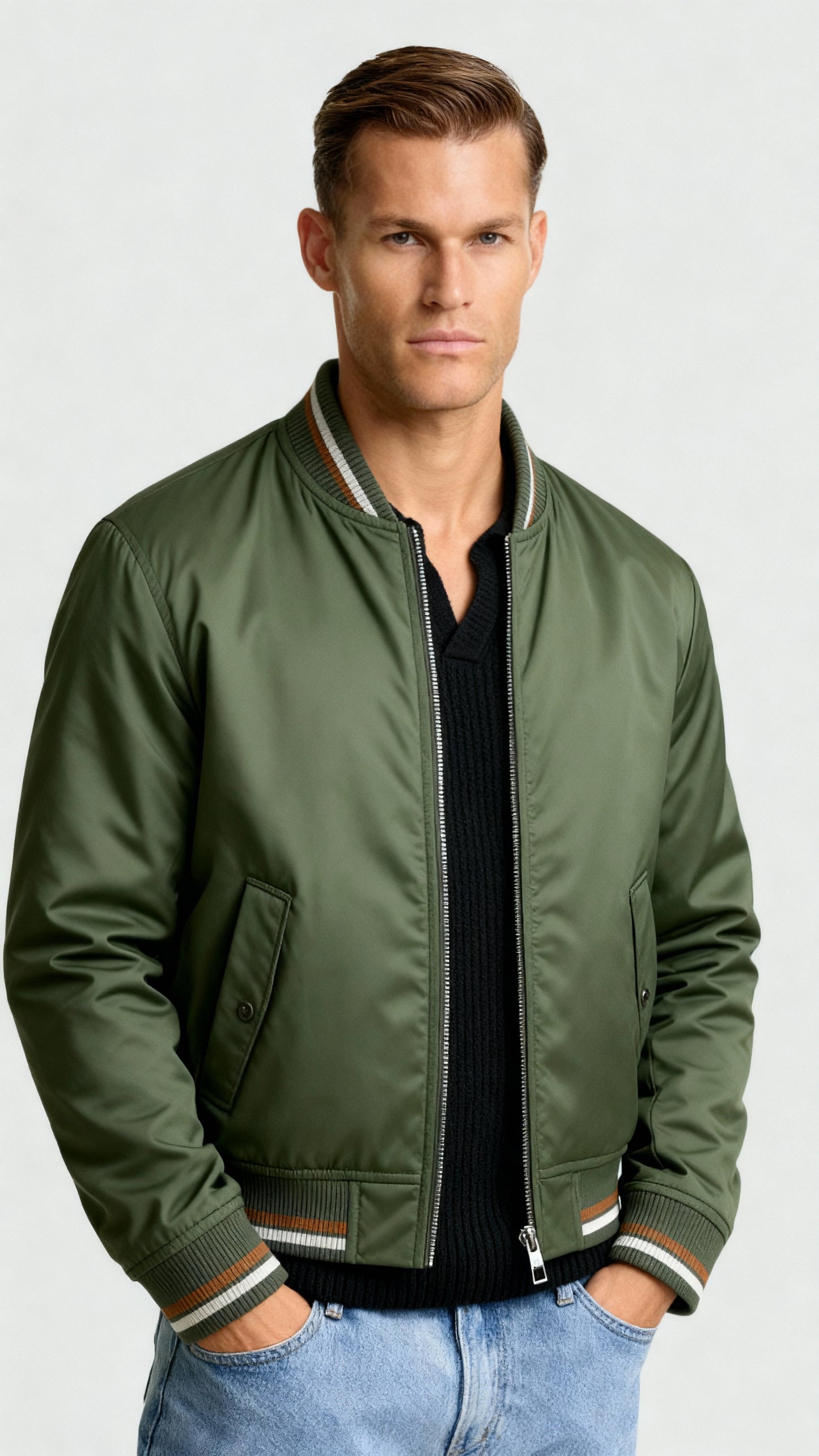 Men’s Lightweight Zip-Up Bomber Jacket – Classic Ribbed Trim Casual Coat