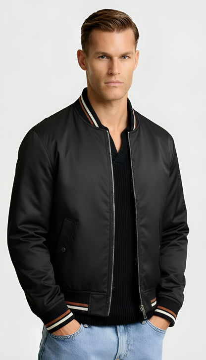 Men’s Lightweight Zip-Up Bomber Jacket – Classic Ribbed Trim Casual Coat