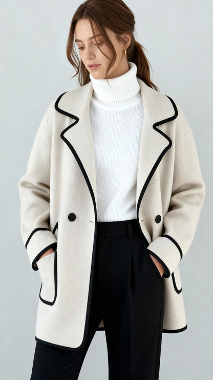 Women’s Tailored Wool Blend Coat – Double-Breasted Mid-Length Jacket with Notch Lapel