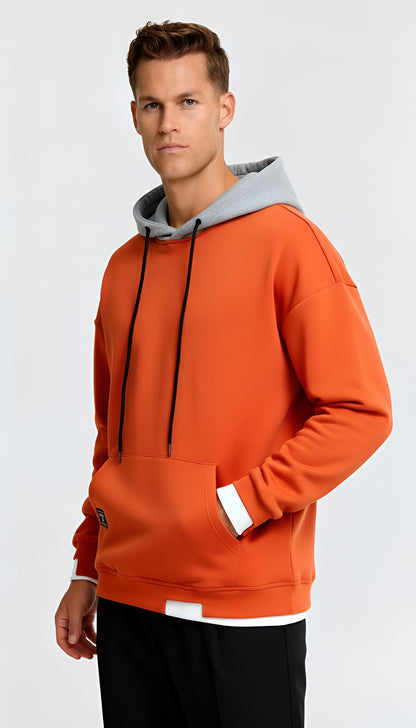 Men’s Contrast Hooded Jumper – Oversized Fit Long Sleeve Pullover for Modern Casual Style
