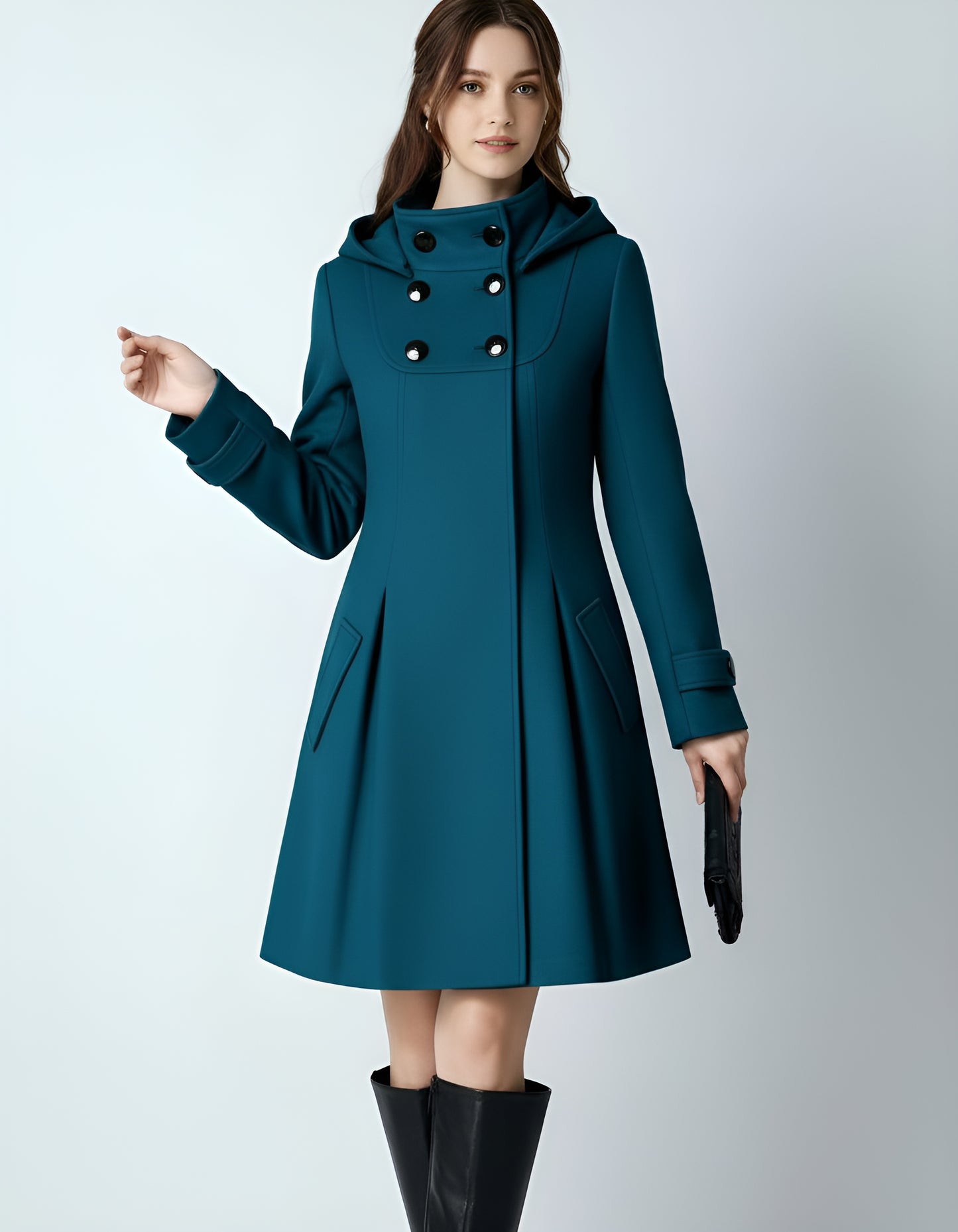 Women’s Hooded A-Line Winter Coat – Double-Breasted Trench Design with Flared Silhouette | Elegant Outerwear