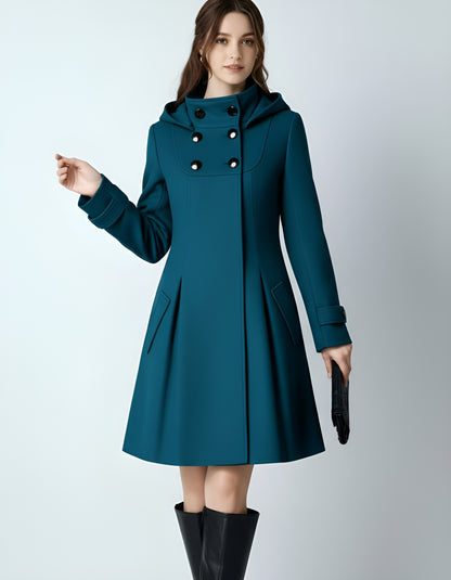 Women’s Hooded A-Line Winter Coat – Double-Breasted Trench Design with Flared Silhouette | Elegant Outerwear
