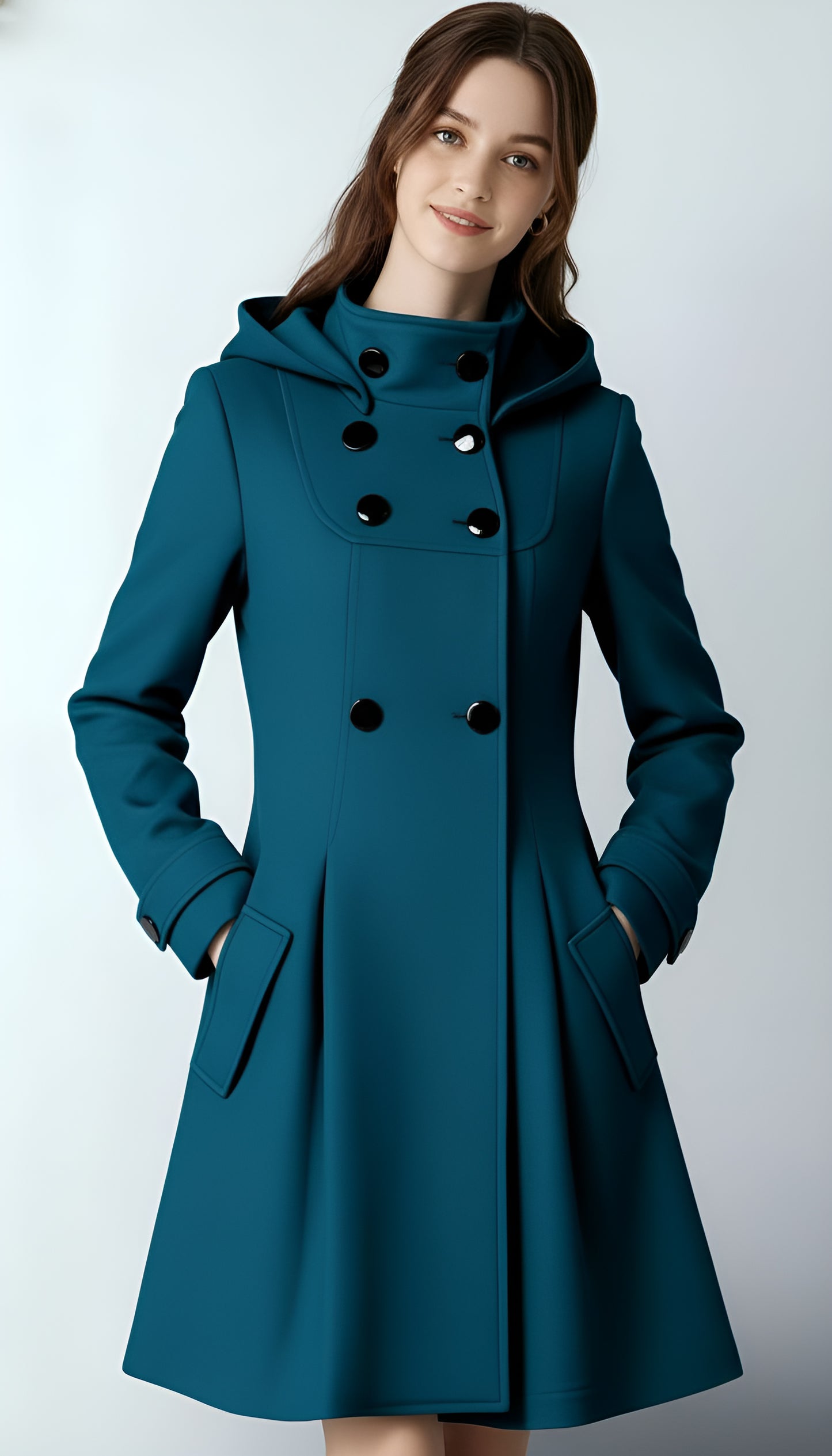 Women’s Hooded A-Line Winter Coat – Double-Breasted Trench Design with Flared Silhouette | Elegant Outerwear