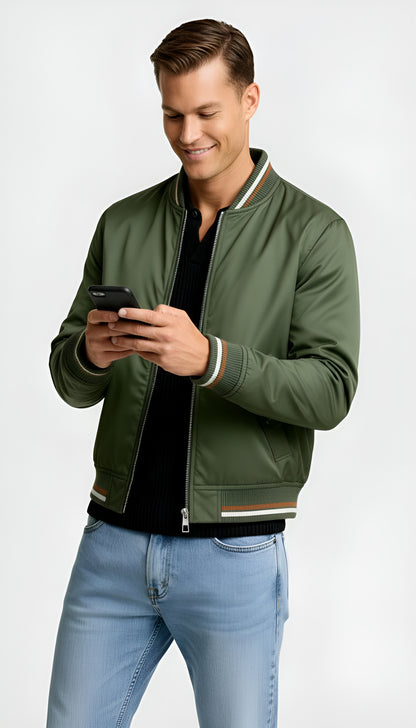 Men’s Lightweight Zip-Up Bomber Jacket – Classic Ribbed Trim Casual Coat