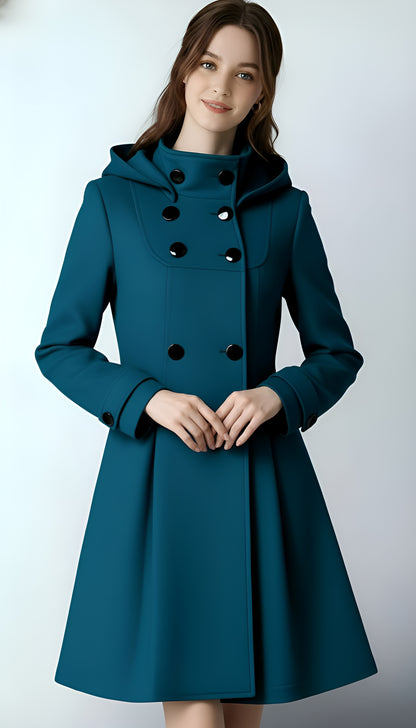 Women’s Hooded A-Line Winter Coat – Double-Breasted Trench Design with Flared Silhouette | Elegant Outerwear
