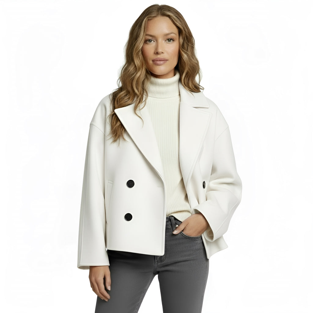 Women’s Short Double-Breasted Winter Jacket – Cropped Coat with Wide Lapels & Structured Fit