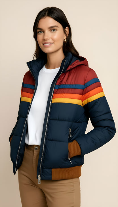Women’s Waterproof Colorblock Puffer Jacket – Hooded Insulated Winter Coat