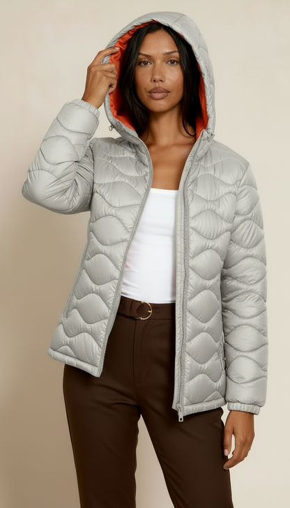 Women’s Puffer Jacket – Windproof Padded Winter Coat with Drawstring Hood & Dual Zipper Button Closure