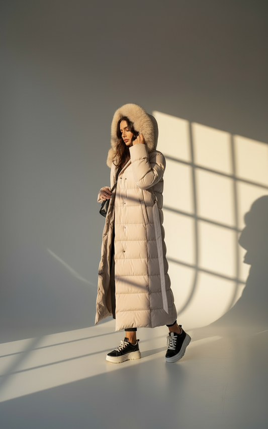 Women’s Beige Parka Jacket | Warm Winter Coat with Faux Fur Hood & Belt
