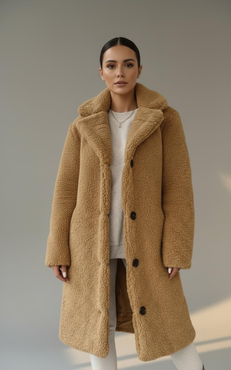 Women’s Long Teddy Coat with Buttons | Cozy Faux Fur Winter Overcoat