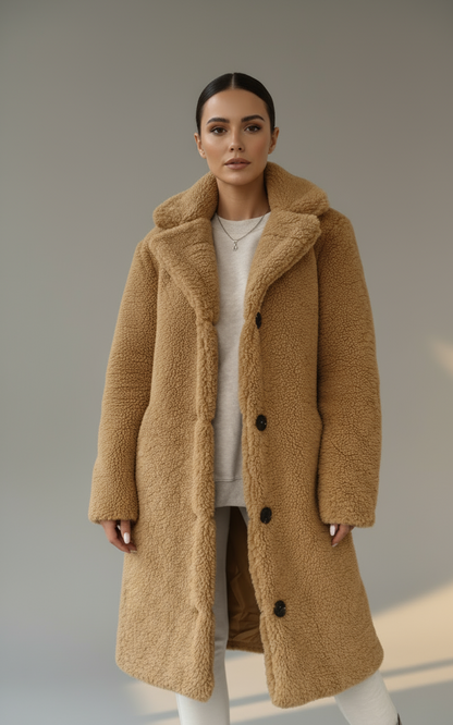 Women’s Long Teddy Coat with Buttons | Cozy Faux Fur Winter Overcoat