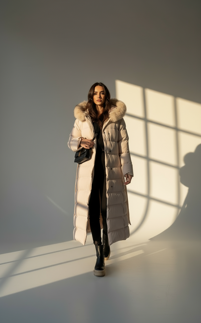 Women’s Beige Parka Jacket | Warm Winter Coat with Faux Fur Hood & Belt