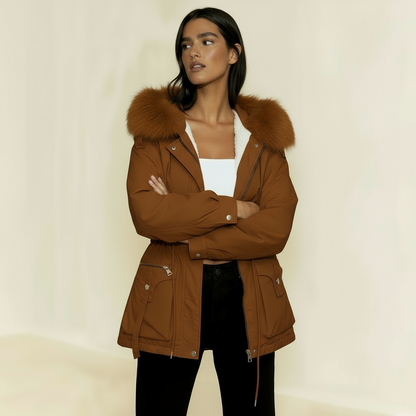 Women’s Parka Jacket with Faux Fur Lining – Adjustable Drawstring Waist & Detachable Hood