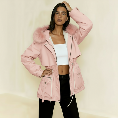 Women’s Parka Jacket with Faux Fur Lining – Adjustable Drawstring Waist & Detachable Hood