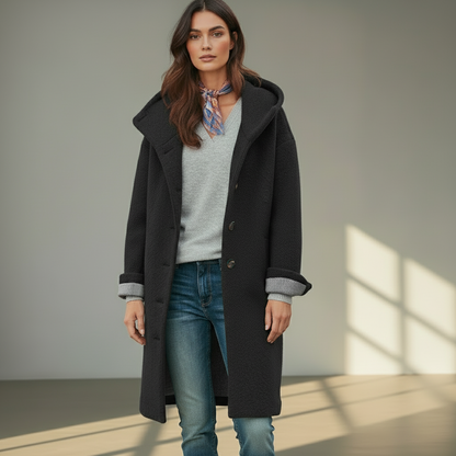 Women’s Wool Blend Coat with Hood - Long Winter Coat, Classic Turn-Down Collar