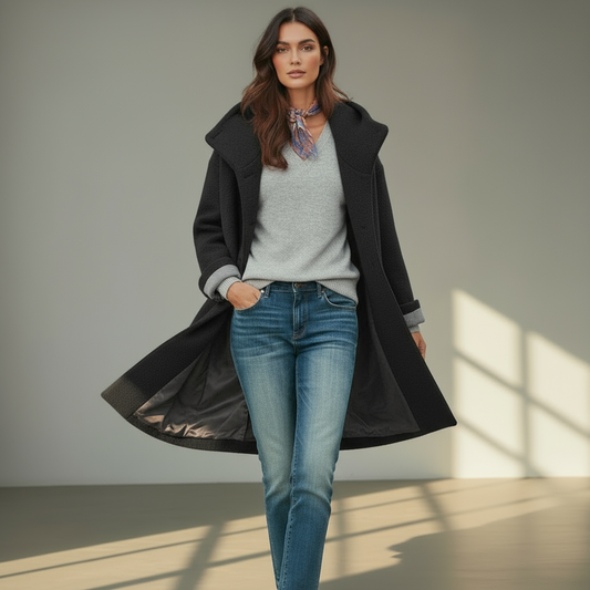 Women’s Wool Blend Coat with Hood - Long Winter Coat, Classic Turn-Down Collar
