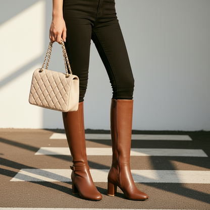 Women’s Elegant Knee-High Leather Boots with Block Heel | Classic Autumn & Winter Style
