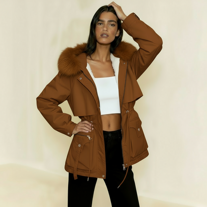 Women’s Parka Jacket with Faux Fur Lining – Adjustable Drawstring Waist & Detachable Hood
