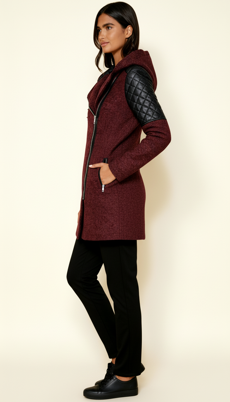 Women’s Asymmetric Zip Coat with Quilted Panels & Hood – Modern Fitted Winter Outerwear