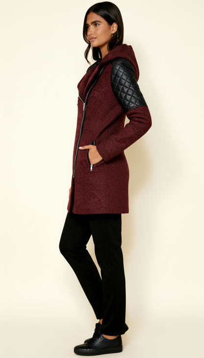 Women’s Asymmetric Zip Coat with Quilted Panels & Hood – Modern Fitted Winter Outerwear