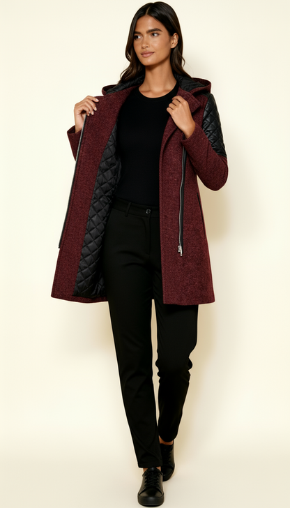 Women’s Asymmetric Zip Coat with Quilted Panels & Hood – Modern Fitted Winter Outerwear