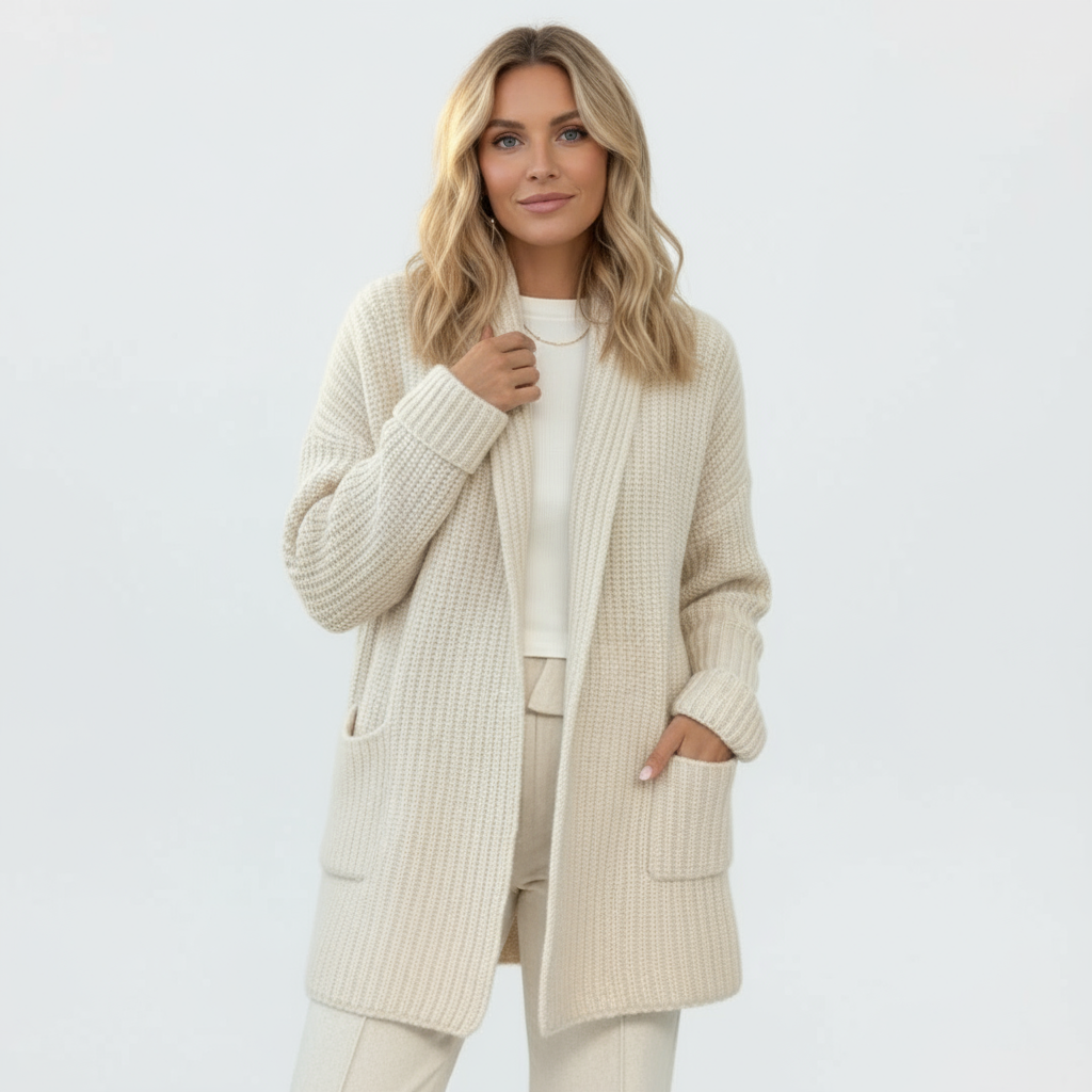 Women’s Chunky Knitted Cardigan – Open Front Shawl Collar Sweater with Pockets