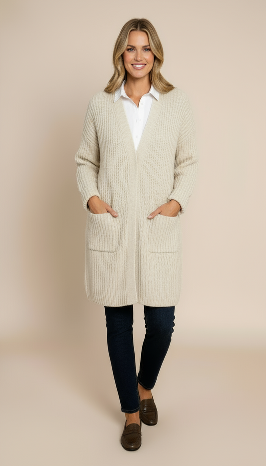 Women’s Chunky Knitted Cardigan – Open Front Shawl Collar Sweater with Pockets