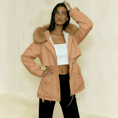Women’s Parka Jacket with Faux Fur Lining – Adjustable Drawstring Waist & Detachable Hood