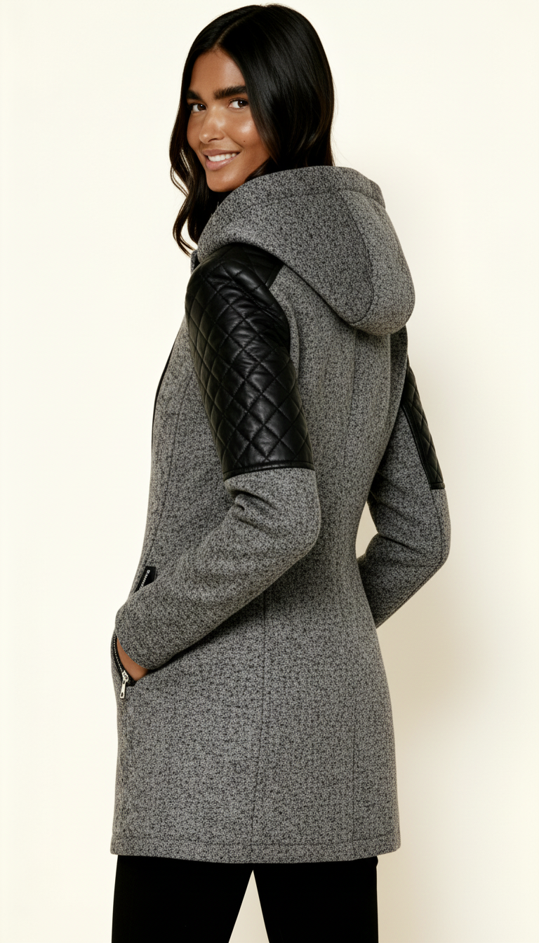 Women’s Asymmetric Zip Coat with Quilted Panels & Hood – Modern Fitted Winter Outerwear