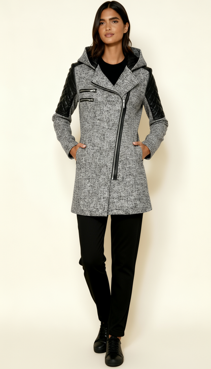 Women’s Asymmetric Zip Coat with Quilted Panels & Hood – Modern Fitted Winter Outerwear