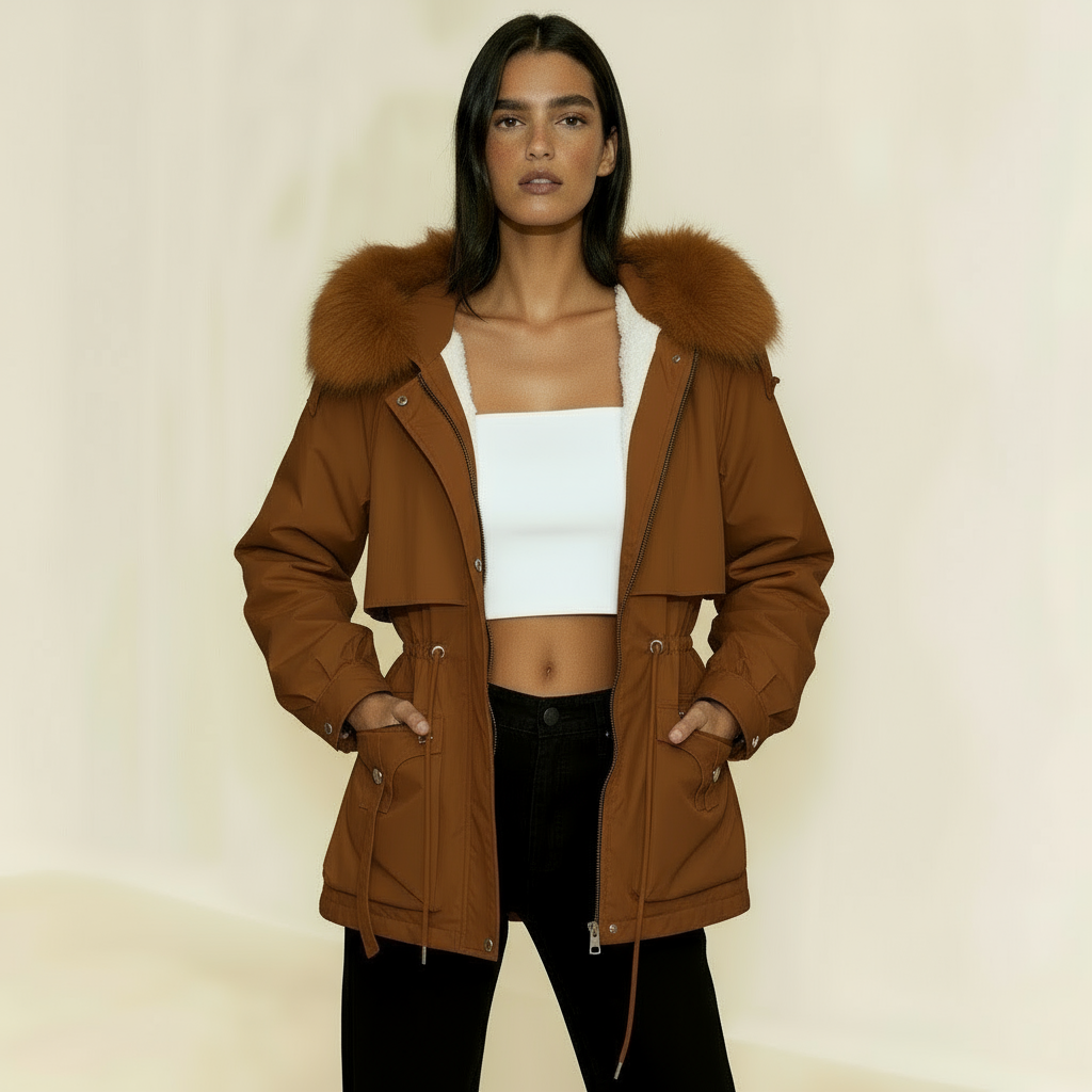 Women’s Parka Jacket with Faux Fur Lining – Adjustable Drawstring Waist & Detachable Hood