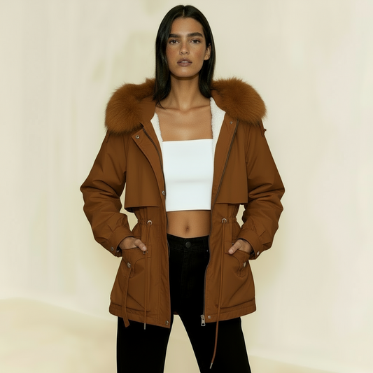 Women’s Parka Jacket with Faux Fur Lining – Adjustable Drawstring Waist & Detachable Hood