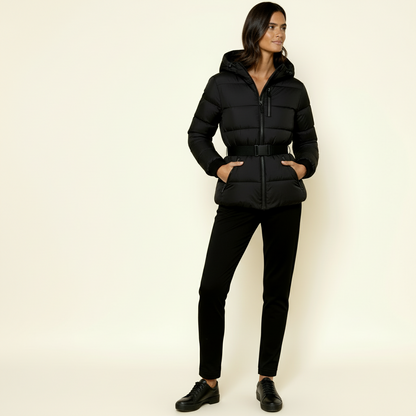 Women’s Puffer Quilted Jacket with Adjustable Belt & Hood – Warm Winter Coat