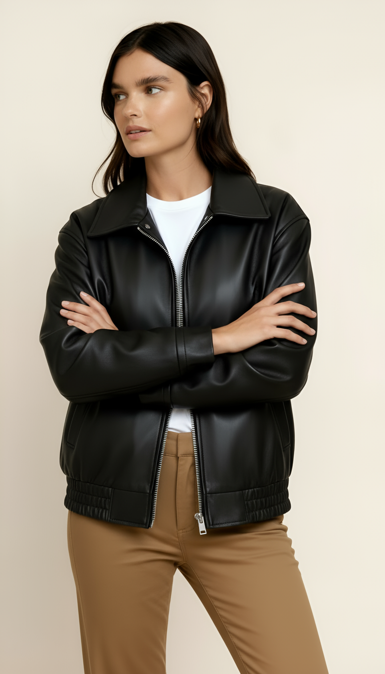 Women’s Zip-Up Biker Jacket – Oversized Bomber Style with Shirred Hem | Modern Streetwear Outerwear
