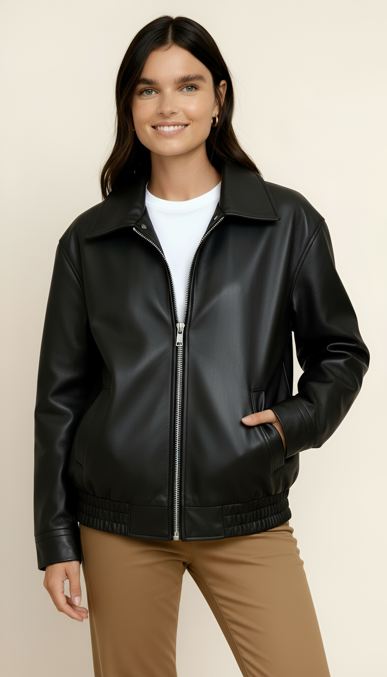 Women’s Zip-Up Biker Jacket – Oversized Bomber Style with Shirred Hem | Modern Streetwear Outerwear