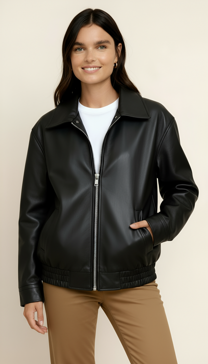 Women’s Zip-Up Biker Jacket – Oversized Bomber Style with Shirred Hem | Modern Streetwear Outerwear