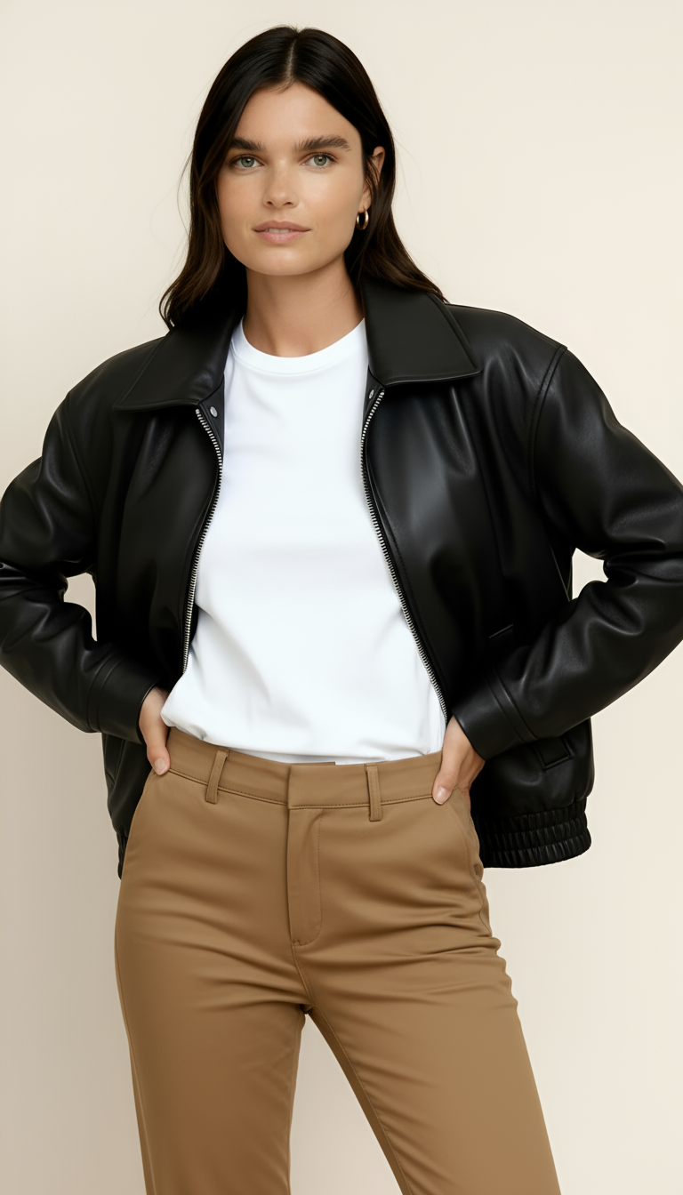 Women’s Zip-Up Biker Jacket – Oversized Bomber Style with Shirred Hem | Modern Streetwear Outerwear