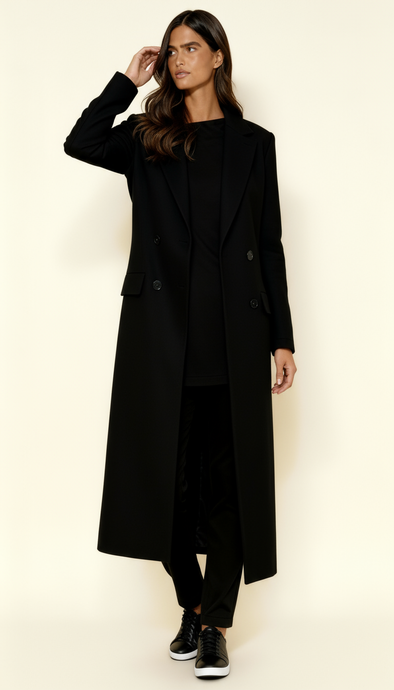 Women’s Black Maxi Coat – Longline Tailored Overcoat with Notch Lapel & Button Closure | Elegant Winter Outerwear