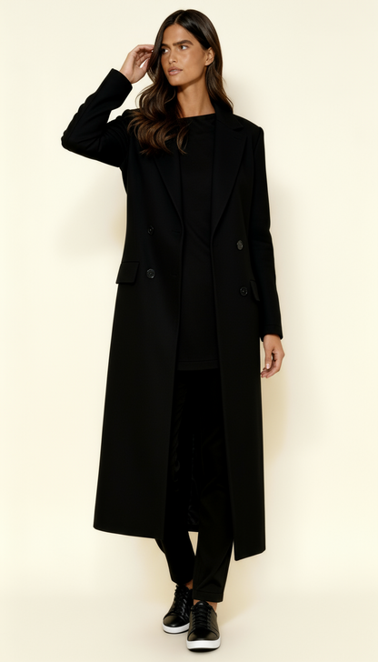 Women’s Black Maxi Coat – Longline Tailored Overcoat with Notch Lapel & Button Closure | Elegant Winter Outerwear