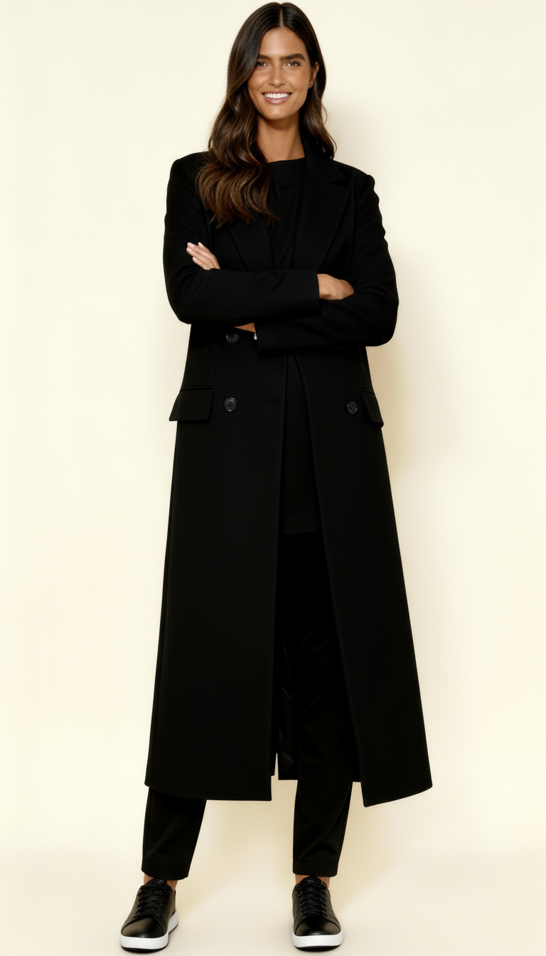Women’s Black Maxi Coat – Longline Tailored Overcoat with Notch Lapel & Button Closure | Elegant Winter Outerwear