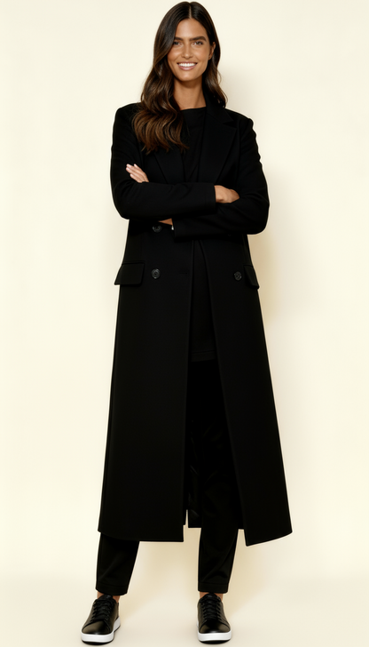 Women’s Black Maxi Coat – Longline Tailored Overcoat with Notch Lapel & Button Closure | Elegant Winter Outerwear