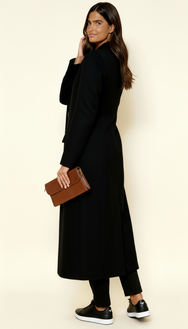 Women’s Black Maxi Coat – Longline Tailored Overcoat with Notch Lapel & Button Closure | Elegant Winter Outerwear