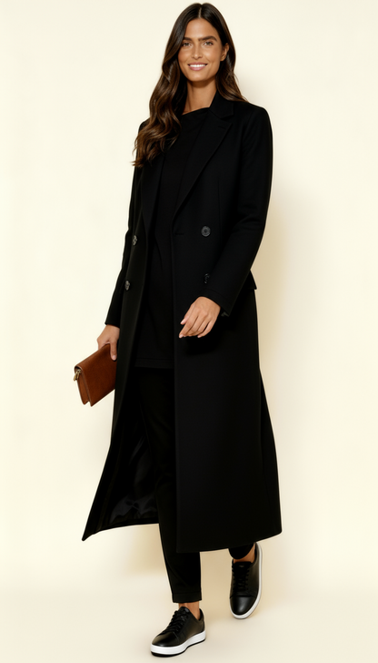 Women’s Black Maxi Coat – Longline Tailored Overcoat with Notch Lapel & Button Closure | Elegant Winter Outerwear
