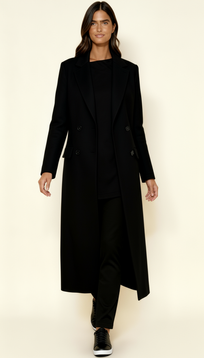 Women’s Black Maxi Coat – Longline Tailored Overcoat with Notch Lapel & Button Closure | Elegant Winter Outerwear