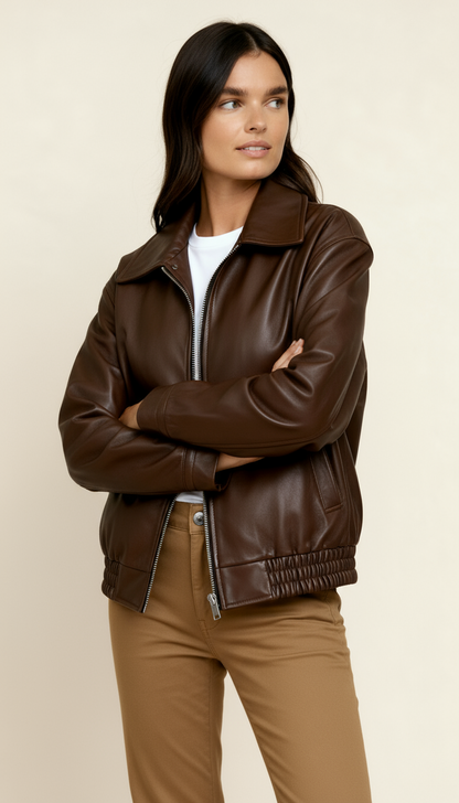 Women’s Zip-Up Biker Jacket – Oversized Bomber Style with Shirred Hem | Modern Streetwear Outerwear