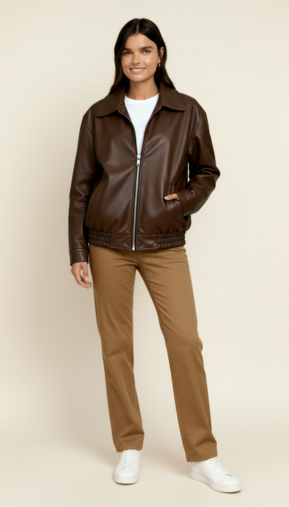 Women’s Zip-Up Biker Jacket – Oversized Bomber Style with Shirred Hem | Modern Streetwear Outerwear