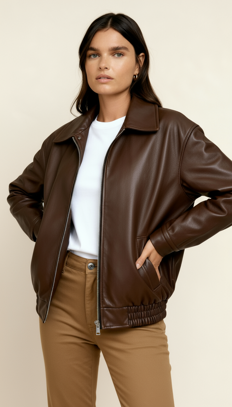 Women’s Zip-Up Biker Jacket – Oversized Bomber Style with Shirred Hem | Modern Streetwear Outerwear