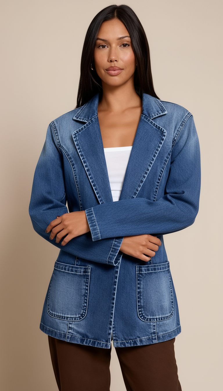 Women’s Denim Blazer – Tailored Jean Jacket with Button Closure and Classic Fit